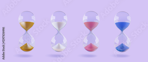 3d hourglass set with colored sand. Glass running clock, miss time. Shop hour alarm countdown. Vector transparent sandglass icon. Minimal gold blue pink timer concept. Realistic render promo period.