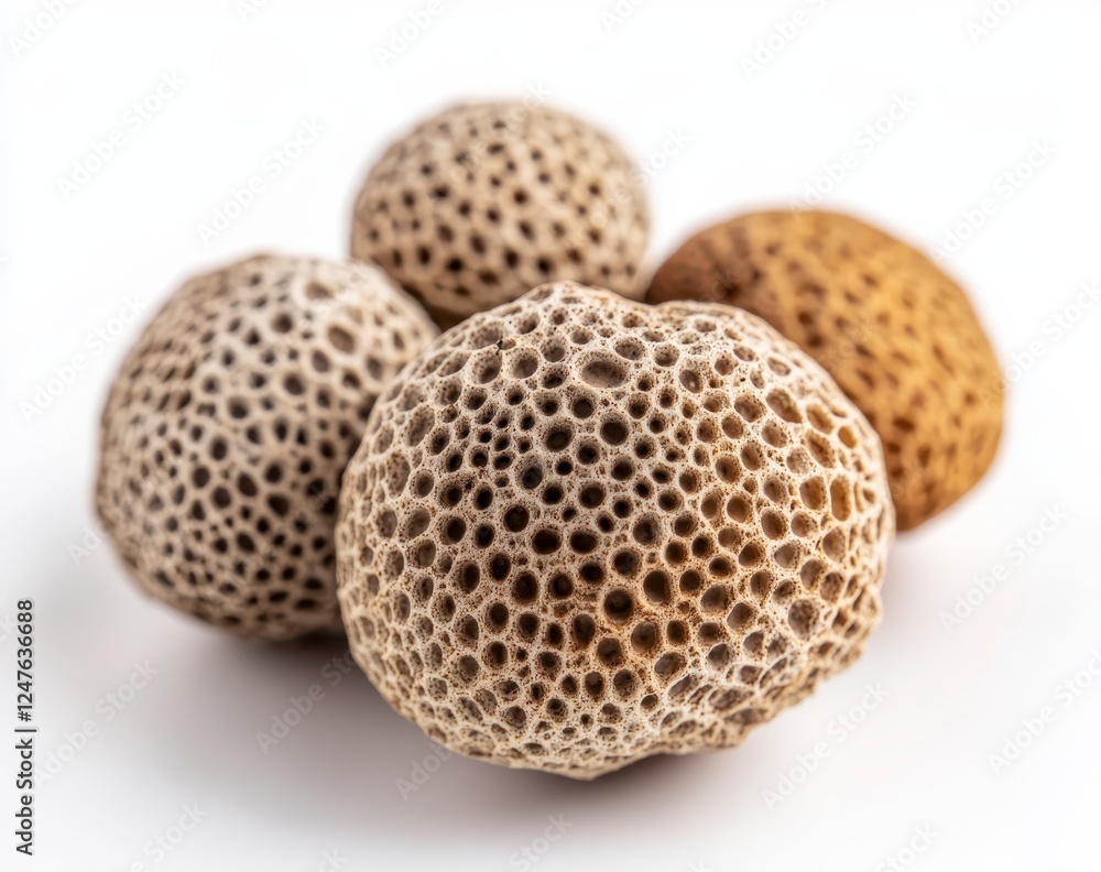 Close up view of four small, round, textured objects against a white background. The objects appear to be organic with a bumpy, porous surface. The Close up view of four small, round, textured objects against a white background. The objects appear to be organic with a bumpy, porous surface. The
