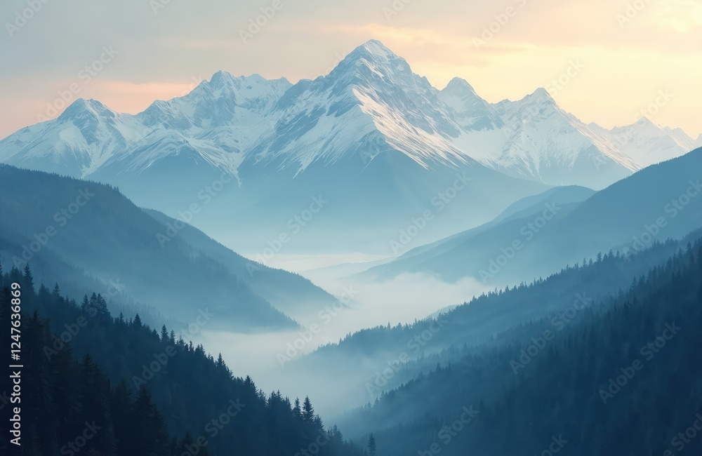 Misty mountain valley with snow-capped peaks. Layers of hills, forests create depth. Soft light, serene atmosphere. Perfect for travel ads nature-themed backgrounds. Landscape art tranquil, inviting. Misty mountain valley with snow-capped peaks. Layers of hills, forests create depth. Soft light, serene atmosphere. Perfect for travel ads nature-themed backgrounds. Landscape art tranquil, inviting.