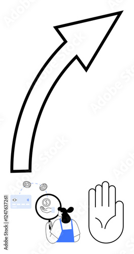 Upward pointing arrow, woman evaluating financial growth, credit card, currency symbols, and stop hand gesture. Ideal for finance, growth, security, planning economy savings investment abstract