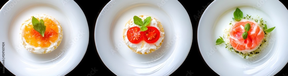 Three small tarts on white plates, garnished with fresh fruit and herbs, showcasing different colorful fruit combinations, presented in a row Three small tarts on white plates, garnished with fresh fruit and herbs, showcasing different colorful fruit combinations, presented in a row