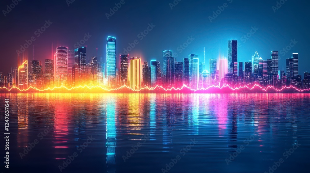 Vibrant cityscape at night, colorful lights reflecting on water, pixelated effect, urban skyline with illuminated structures, glowing reflections Vibrant cityscape at night, colorful lights reflecting on water, pixelated effect, urban skyline with illuminated structures, glowing reflections