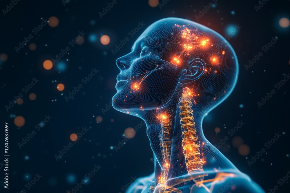 Glowing Neural Pathways, Head, Spine, Medical Illustration Glowing Neural Pathways, Head, Spine, Medical Illustration