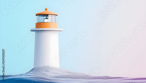 Melting iceberg floating. lighthouse standing tall amidst gentle waves, guiding sailors safely photo