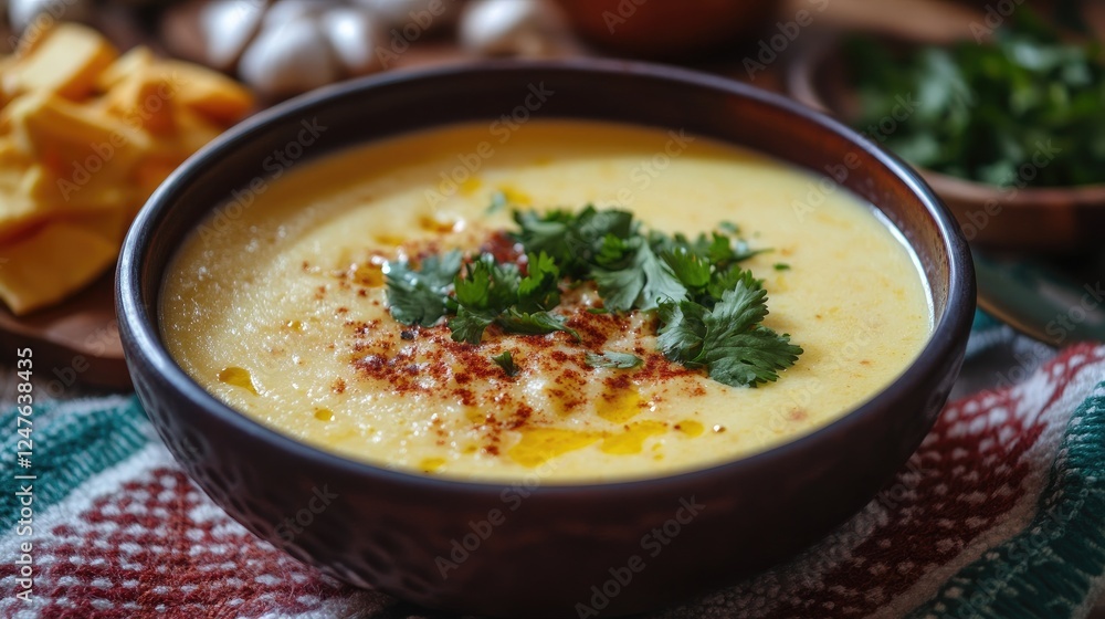 Creamy Corn Soup in a Bowl with Cilantro and Paprika Garnish Creamy Corn Soup in a Bowl with Cilantro and Paprika Garnish