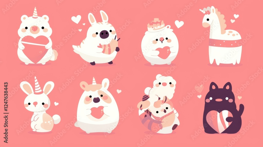 Valentine's day cute animals set with llama, sloth, unicorn, cats, dinosaur, bunny, tiger and turtle Valentine's day cute animals set with llama, sloth, unicorn, cats, dinosaur, bunny, tiger and turtle