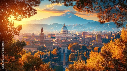 Scenic view of Rome at sunset, showcasing the city and mountains.