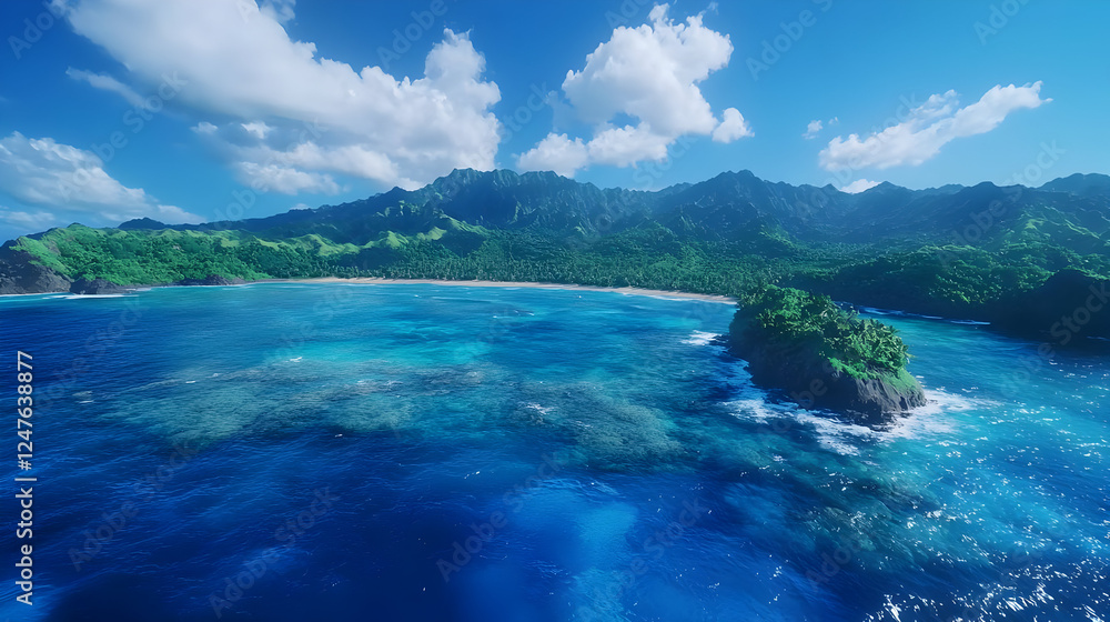 Fototapeta premium Melting iceberg floating. Aerial view of stunning tropical coastline with clear blue waters
