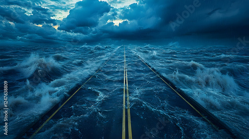 Melting iceberg floating. surreal scene of submerged highway surrounded by turbulent ocean waves, evoking sense of chaos