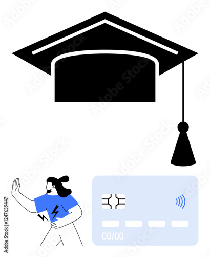 Black mortarboard hat with tassel, credit card, and person walking. Ideal for education, personal finance, student loans, financial choices, independence, debt concepts abstract line flat metaphor