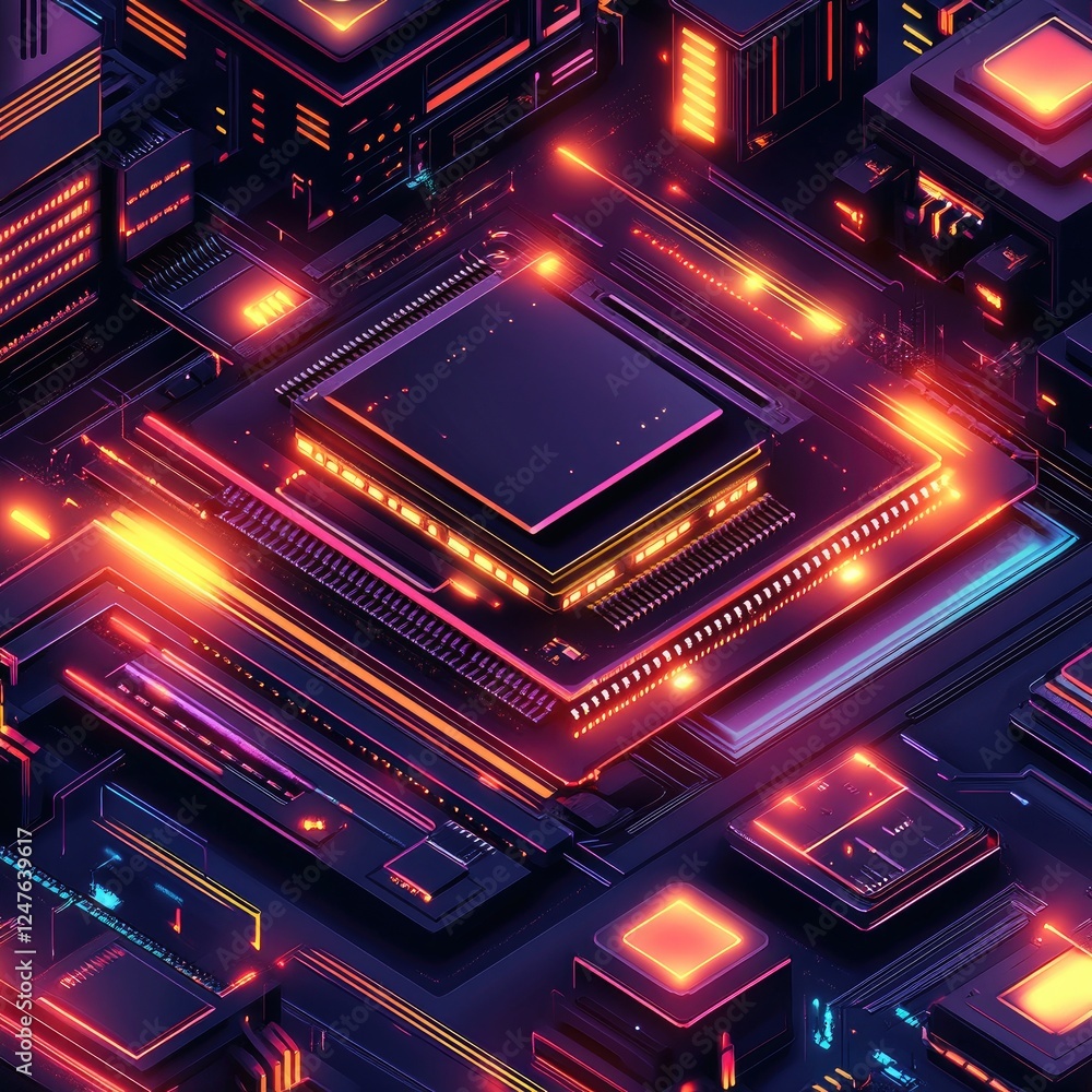 Obraz premium Futuristic isometric CPU with glowing circuits and vibrant colors.