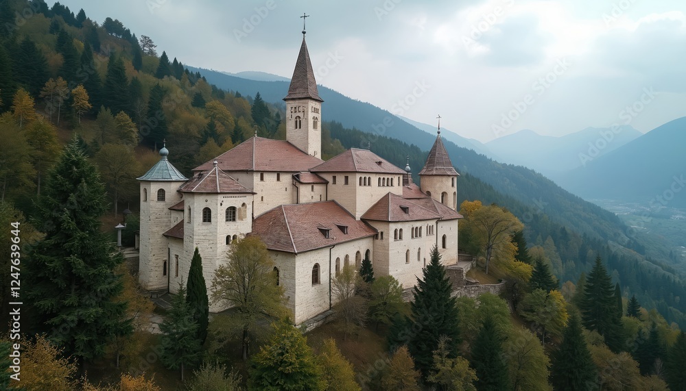 Ancient stone building sits on hillside with green forest. Historic monastery architecture stands out against backdrop of mountains. Medieval structure features terracotta roof, tall towers. Scenic Ancient stone building sits on hillside with green forest. Historic monastery architecture stands out against backdrop of mountains. Medieval structure features terracotta roof, tall towers. Scenic