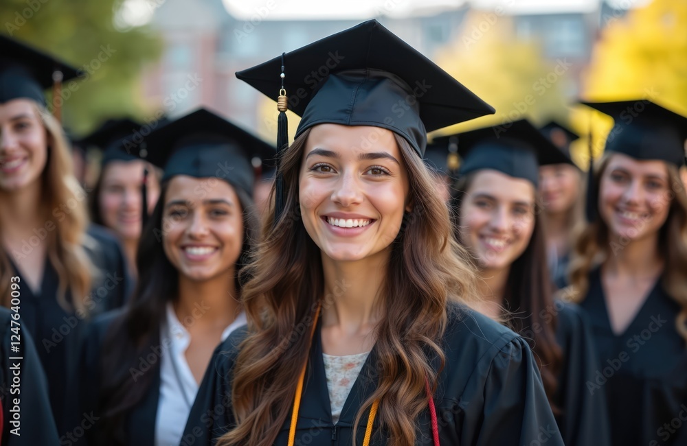 Group of diverse college students celebrate graduation outdoors. Students wear graduation gowns, caps. Smile confidently, appear happy. Photo captures successful graduation ceremony on university Group of diverse college students celebrate graduation outdoors. Students wear graduation gowns, caps. Smile confidently, appear happy. Photo captures successful graduation ceremony on university