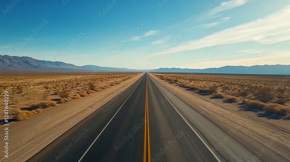 Fototapeta premium Endless Road stretches towards Mountains Under Clear Blue Sky Horizon