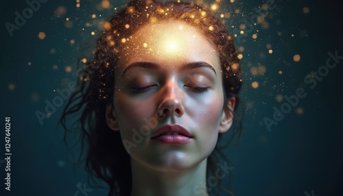 Woman with closed eyes experiences telepathic communication. Golden light surrounds head. Intense mental connection. Possible psychic power. Focus on mind-to-mind interaction. Image evokes ideas of photo