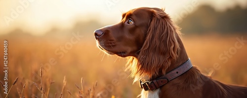 Close-up shot of hunting dog. Purebred spaniel stands in field. Autumn colors surround. Dog looks alert. Wears brown leather collar. Photo shows healthy animal in nature. Ideal for pet lovers hunting