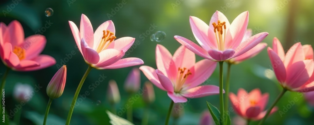 Fototapeta premium Delicate lilys float in air as flower bubbles burst with colorful blossoms, tulips, colorful blooms, floral