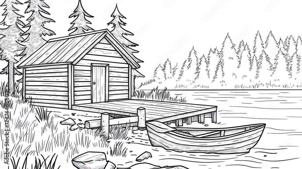 Lakeside cabin, boat dock, tranquil forest Lakeside cabin, boat dock, tranquil forest