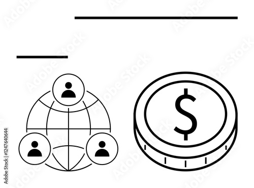 Globe with user icons for networking and connection, dollar coin for finance, business, and trade. Ideal for teamwork, communication, finance, economics, commerce global reach abstract line flat