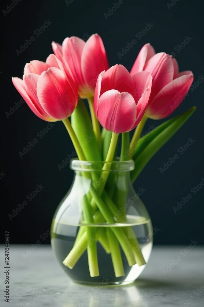 Fototapeta premium Delicate petals of elegant tulips float in a clear glass vase, glass, elegant