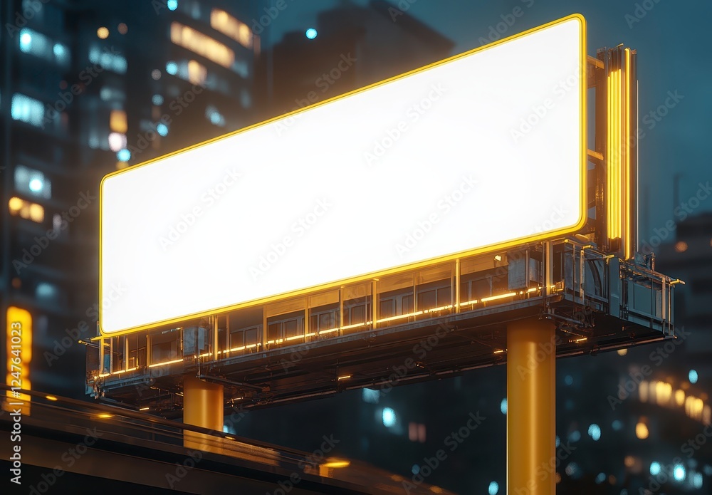 Empty digital billboard glows with bright yellow lights against a city night background, urban futuristic style, 3d rendering Empty digital billboard glows with bright yellow lights against a city night background, urban futuristic style, 3d rendering