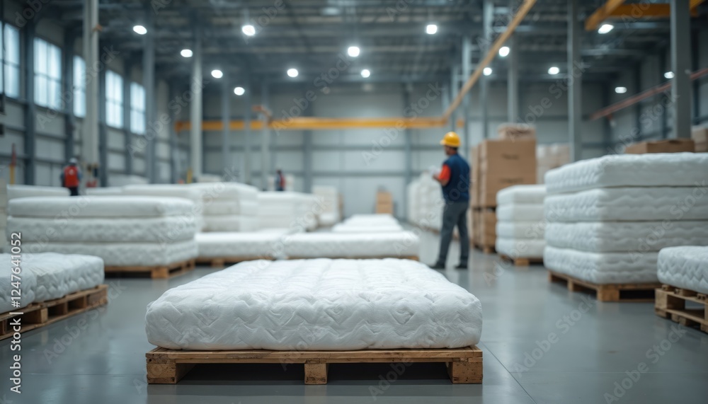 White mattresses arranged on wooden pallets inside large industrial factory. Workers visible in background. Mattresses neatly organized for storage processing. Production setting in modern facility White mattresses arranged on wooden pallets inside large industrial factory. Workers visible in background. Mattresses neatly organized for storage processing. Production setting in modern facility