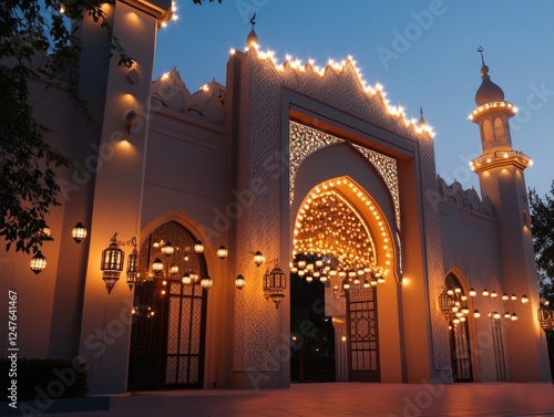 Illuminated Mosque Entrance: A Festive Night Scene with Traditional Lanterns photo