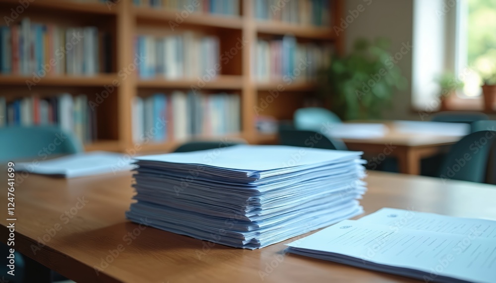 Stack of light-blue documents on wooden table. Bookshelves filled with books in background. Documents look like handouts educational materials. Indoor setting in room. Possible seminar workshop Stack of light-blue documents on wooden table. Bookshelves filled with books in background. Documents look like handouts educational materials. Indoor setting in room. Possible seminar workshop