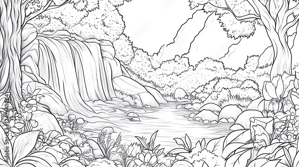 Fototapeta premium Waterfall scene, lush rainforest, tranquil stream, coloring page