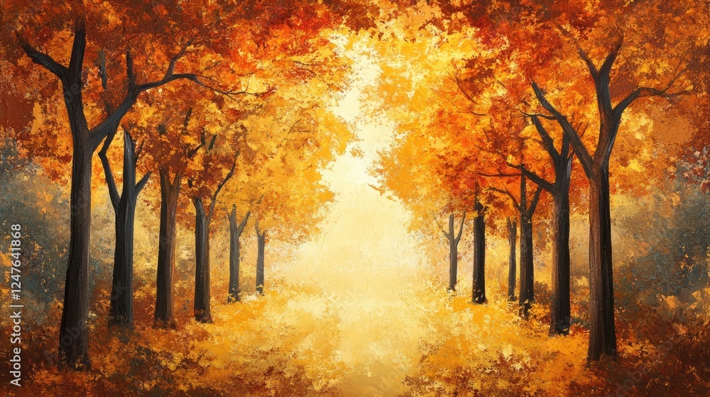 Fototapeta premium Golden Canopy: A Vibrant Autumn Forest Scene in Exquisite Detail and Light