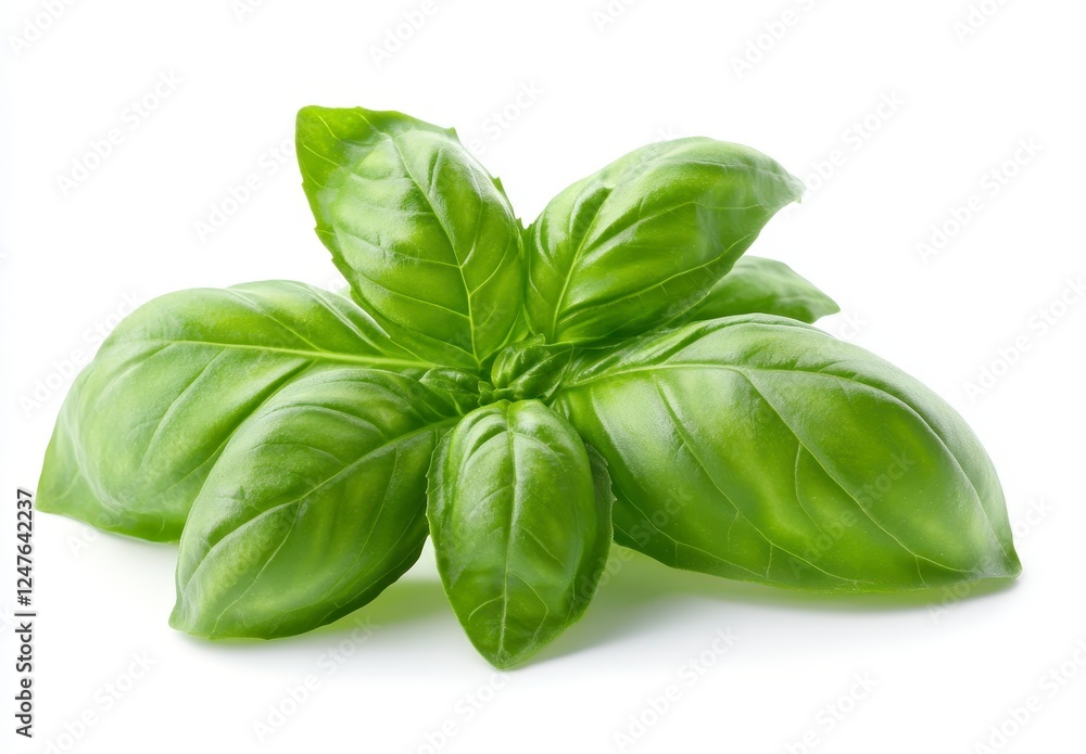 Fresh basil leaves, vibrant green, isolated on white background, studio shot, close up, ideal for culinary or herbal use, bright lighting, detailed Fresh basil leaves, vibrant green, isolated on white background, studio shot, close up, ideal for culinary or herbal use, bright lighting, detailed