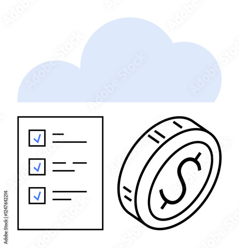 Coin with dollar sign, checklist with checkmarks, and cloud icon. Ideal for budgeting, financial planning, digital saving, cloud services, task management, modern finance and abstract line flat