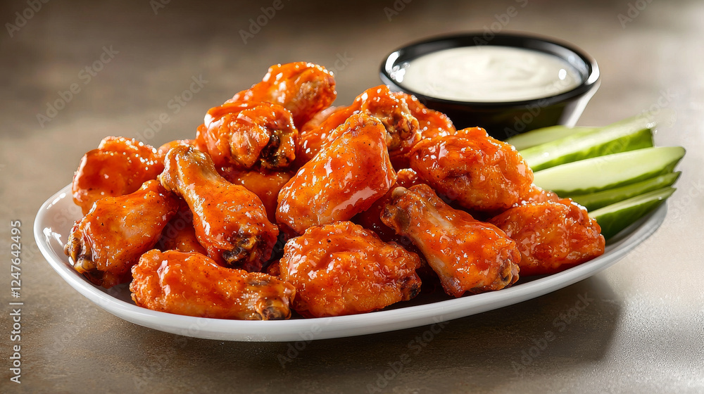 Delicious buffalo wings platter with vibrant sauce, served with celery sticks and dipping sauce, perfect for game day or gatherings Delicious buffalo wings platter with vibrant sauce, served with celery sticks and dipping sauce, perfect for game day or gatherings