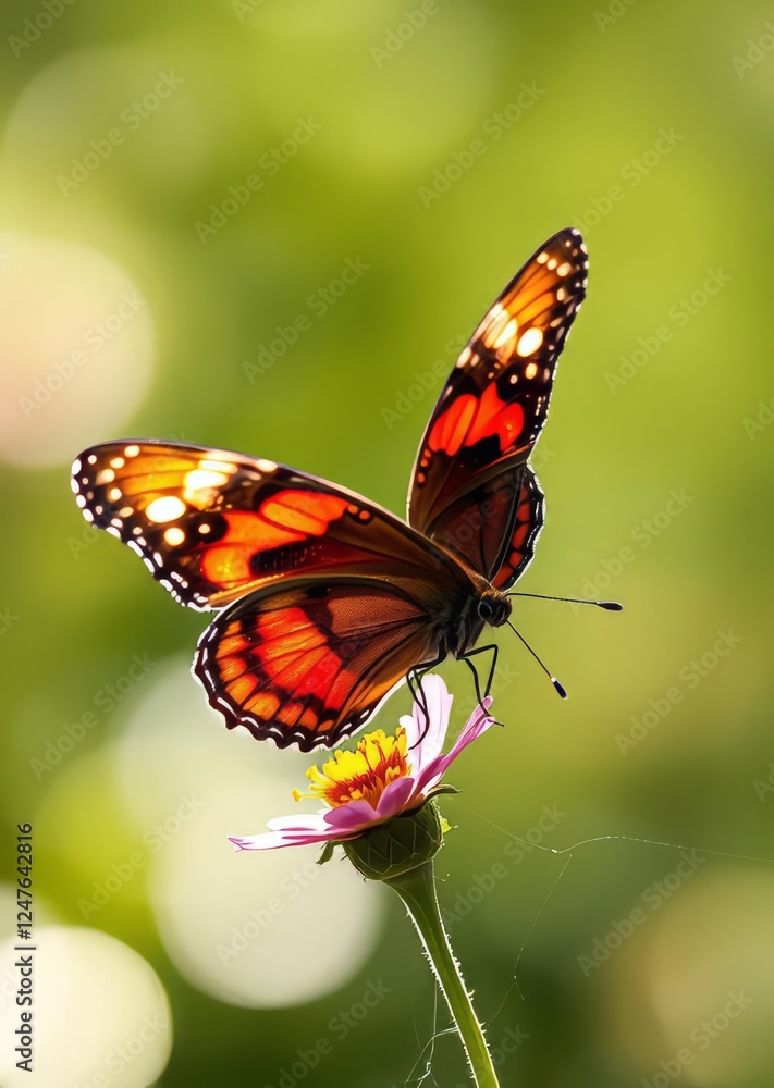 Suns rays illuminate red admiral butterfly sitting on flower with web blurred green background bokeh green bokeh green abstract background light bright blur pattern