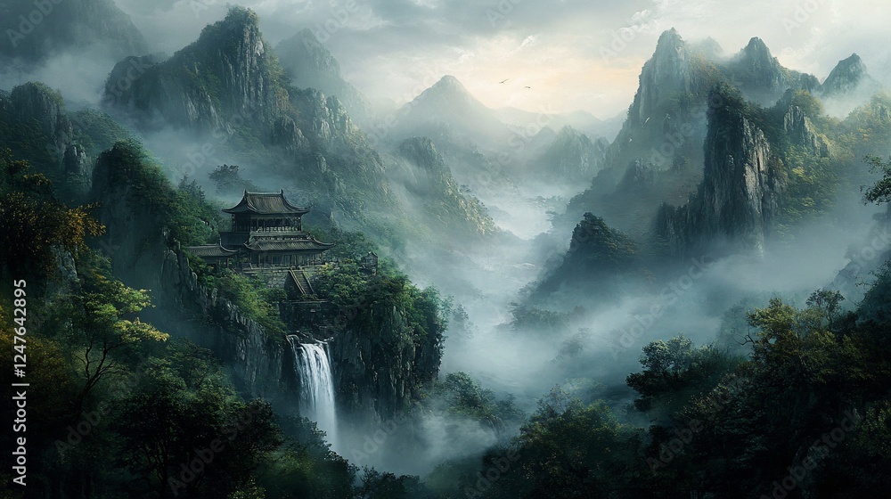Naklejka premium Majestic mountain landscape with a traditional Asian temple perched on a cliff amidst fog