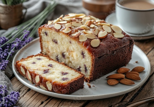 Freshly Baked Almond Cake Sliced on Plate with Almonds and Lavender Garnish, Captivating Dessert for Tea Time or Celebrations