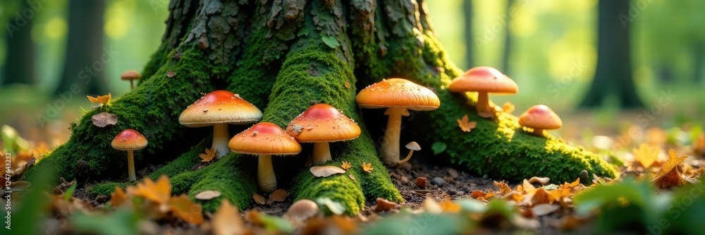 Oak tree base covered in a carpet of mushrooms, fungi, forest floor, nature Oak tree base covered in a carpet of mushrooms, fungi, forest floor, nature