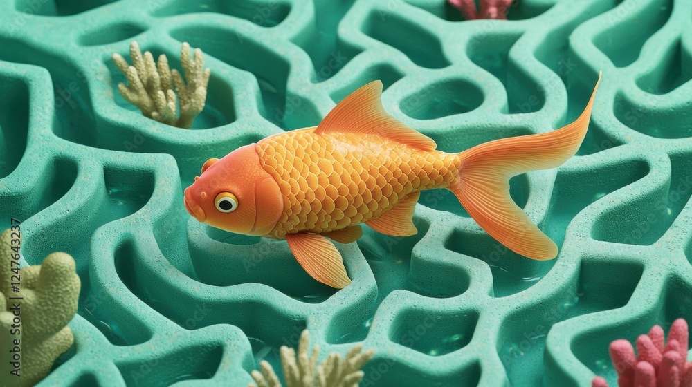 Naklejka premium Orange fish in a teal maze. AI.