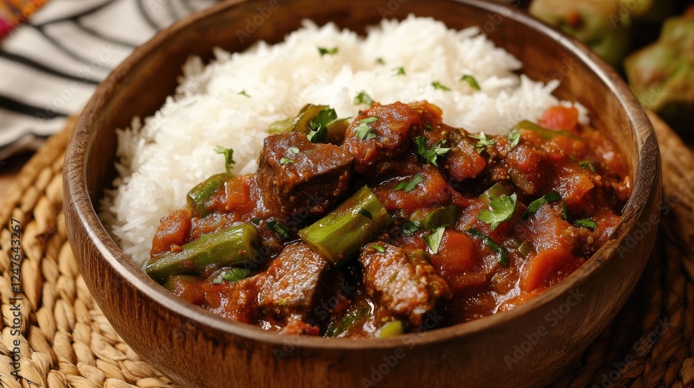 Delicious Beef Stew with Rice Served in Wooden Bowl Close Up Shot Delicious Beef Stew with Rice Served in Wooden Bowl Close Up Shot