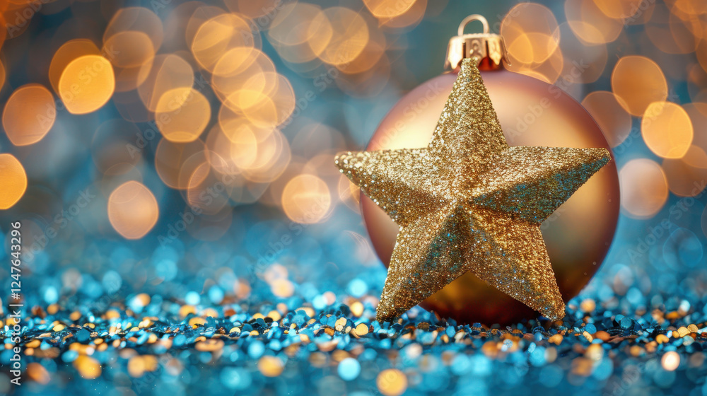 sparkling gold star ornament rests beside festive bauble, creating joyful holiday atmosphere with shimmering lights sparkling gold star ornament rests beside festive bauble, creating joyful holiday atmosphere with shimmering lights