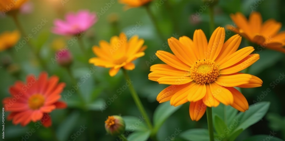 Orange gerbera daisies in a garden with other flowers, , floral Orange gerbera daisies in a garden with other flowers, , floral