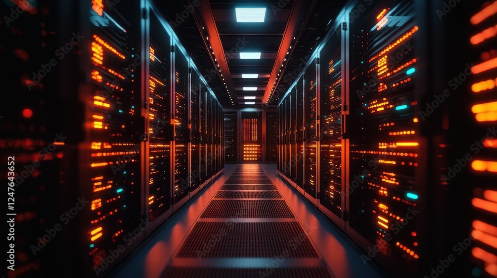 Data center server room corridor, glowing lights, network infrastructure, technology background
