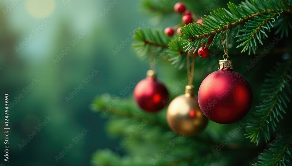 Ornaments and berries hang from the boughs of an evergreen fir tree, , evergreen