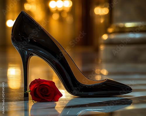 Black high heel shoe with red rose, elegant interior setting photo