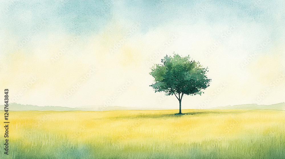 Obraz premium A Lone Tree in a Soft Watercolor Landscape