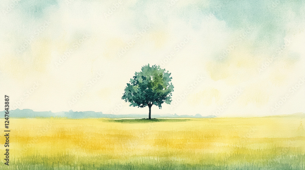 Fototapeta premium A Lone Tree in a Soft Watercolor Landscape