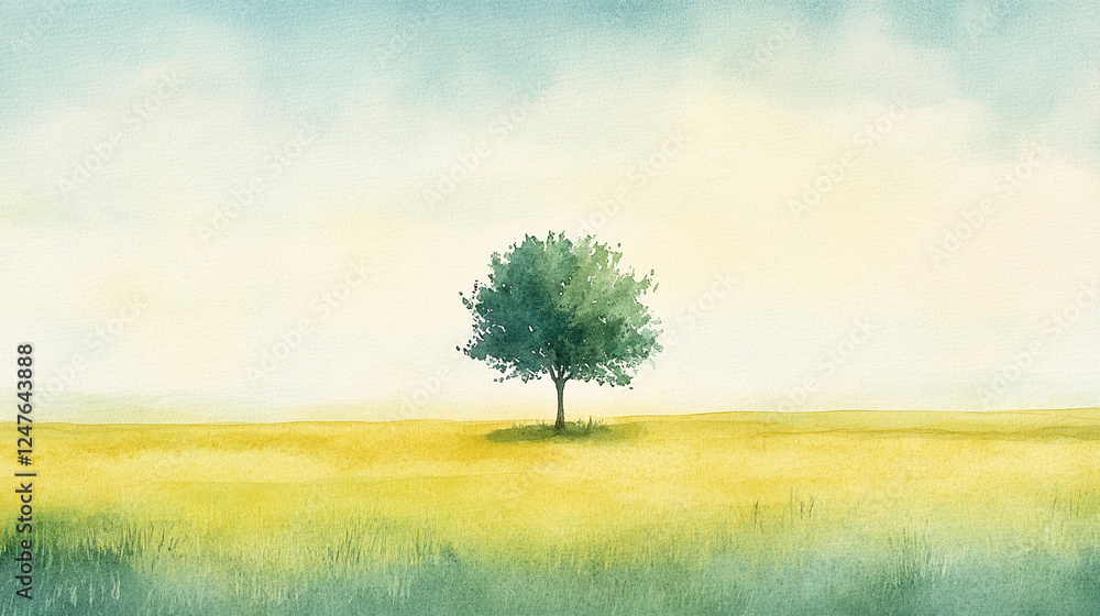 Watercolor Tree in Rolling Fields Watercolor Tree in Rolling Fields