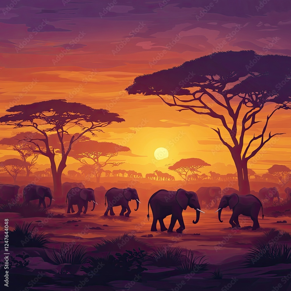 Fototapeta premium Elephants walking at sunset in African savanna.