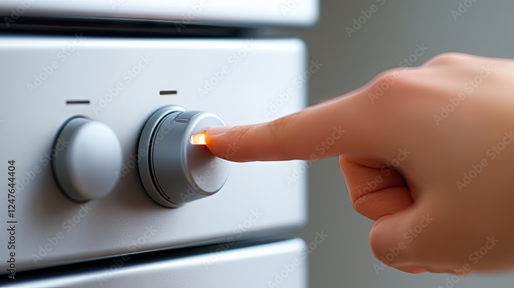 Naklejka premium A hand pressing the start button on an electric cooker.