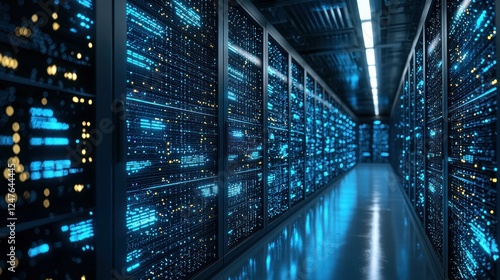 Plakat Data center server room, glowing digital code, technology infrastructure